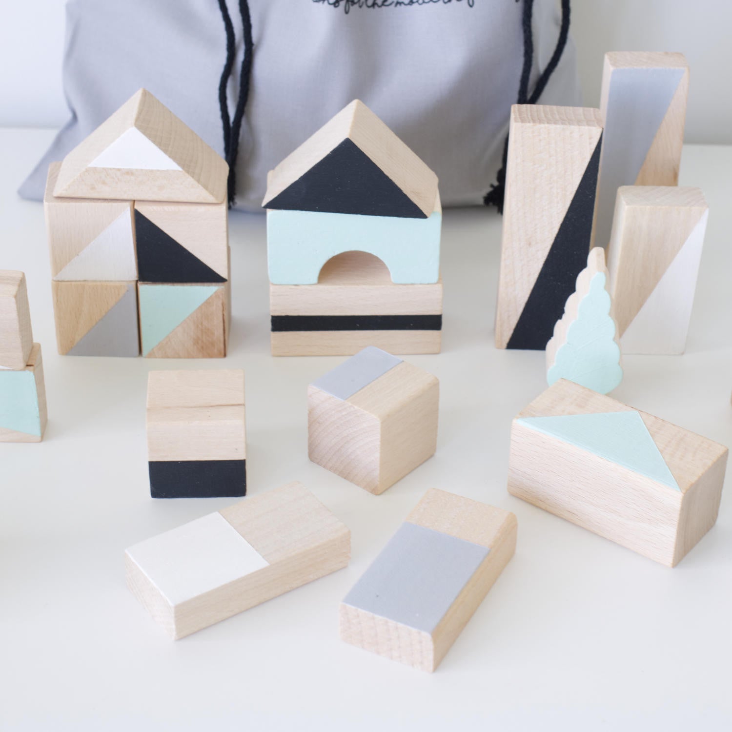 Wooden building blocks - Mint & monochrome - Happy Little Folks